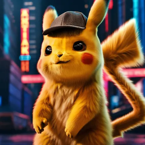 DetectivePikachu1024 wearing a cap, cyberpunk city background, highly detailed , photography, ultra sharp, film, bokeh, professional, 4k, highly detailed <lora:add-detail-xl:1.5> <lora:Ulysse31-768:0.7> <lora:DetectivePikachu1024:0.8>
