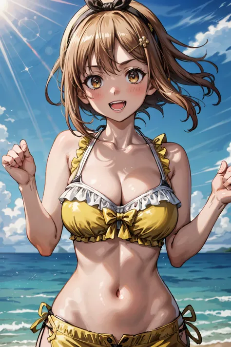 <lora:more_details:0.5>, <lora:ryza-09:0.7>, riza,, short hair, brown hair, yellow, frilled swimsuit, yellow, swimsuit,  yellow shorts, short shorts,  brown eyes, navel, hair ornament, hairclip, hairband, bare shoulders, cleavage, large breasts, water, oce...