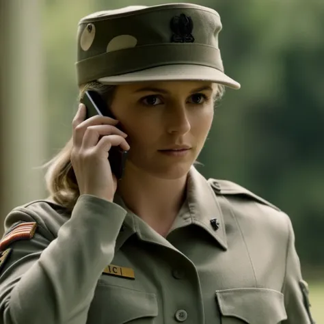 cinematic film still of a naked woman in a military uniform talking on a cell phone Cinematic Film Style
 <lora:Cory Chase:1> Cory Chase
 <lora:Cinematic Film:1>, shallow depth of field, vignette, highly detailed, high budget, bokeh, cinemascope, moody, ep...