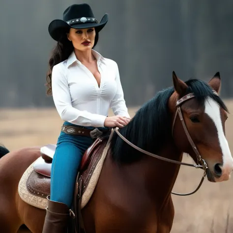 Dark Fantasy Art of a woman in a cowboy hat riding a horse retro style
 <lora:Lisa Ann-000002:1> Lisa Ann
<lora:Retro:1.2>, dark, moody, dark fantasy style