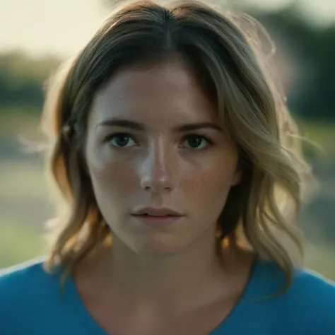 cinematic film still of a woman  with freckles and a blue shirt Cinematic Film Style
 <lora:Cory Chase:1> Cory Chase
 <lora:Cinematic Film:1>, shallow depth of field, vignette, highly detailed, high budget, bokeh, cinemascope, moody, epic, gorgeous, film g...