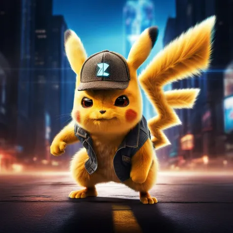 DetectivePikachu1024 wearing a cap, angry, rage, powerfull, electricity, lightning, sparkles, explosions, cyberpunk city background, highly detailed , photography, ultra sharp, film, bokeh, professional, 4k, highly detailed <lora:add-detail-xl:1.5> <lor...