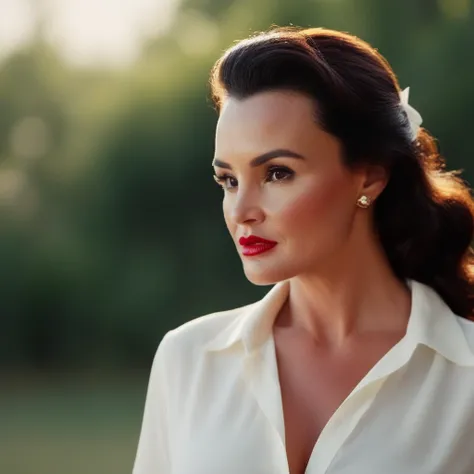 cinematic film still of a woman in a white shirt and red lipstick retro style
 <lora:Lisa Ann-000002:1> Lisa Ann
<lora:Retro:1>, shallow depth of field, vignette, highly detailed, high budget, bokeh, cinemascope, moody, epic, gorgeous, film grain, grainy