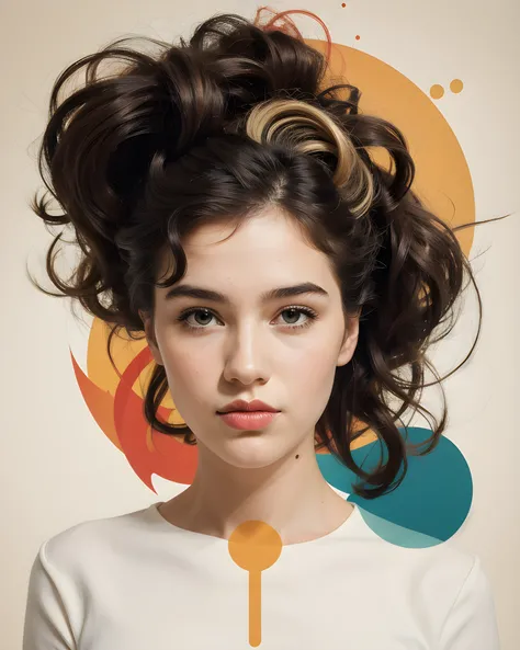 

flat colors, graphic style, dynamic abstract portrait of young woman, abstract forms blended into the shapes of her face and hair, geometrical elements melted into the bold brush strokes in the faint mix of kandinsky and norman rockwell style 