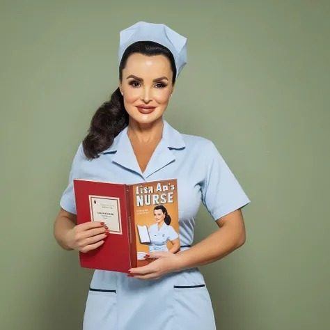 Advertising poster style,  <lora:Lisa Ann-000002:1.2> Lisa Ann
<lora:Retro:1>
a woman in a nurses uniform holding a book retro style, Professional, modern, product-focused, commercial, eye-catching, highly detailed