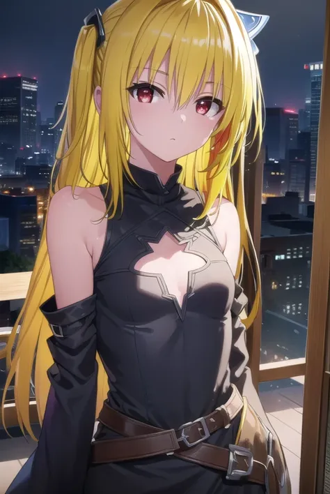 toloveruyami, <lora:yami darkness-lora-nochekaiser:1>, 
yami, (yellow hair:1.5), long hair, (red eyes:1.5), (hair ornament:1.2), two side up, (small chest:1.2), 
BREAK sleeveless, detached sleeves, dress, black dress, black skirt, clothing cutout, cleavage...