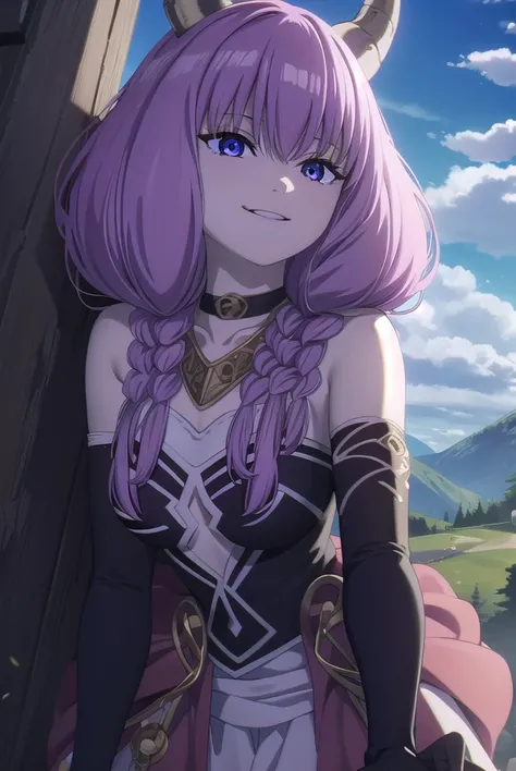 aura the guillotine, <lora:aura the guillotine s1-lora-nochekaiser:1>,
aura the guillotine, long hair, (purple eyes:1.1), purple hair, braid, horns, twin braids, smile,
skirt, thighhighs, gloves, choker, black gloves, elbow gloves, magical girl,
BREAK outd...