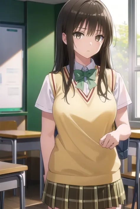 yuikotegawa, <lora:yui kotegawa darkness-lora-nochekaiser:1>,
yui kotegawa, black hair, (brown eyes:1.5), long hair,
BREAK green skirt, plaid, plaid skirt, sainan high school uniform, school uniform, skirt, sweater vest, (yellow sweater:1.3), short sleeves...
