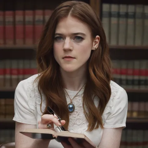 rose_leslie, <lora:RoseLeslieXL:1>, long hair, shirt, holding book, jewelry, white shirt, short sleeves, indoors, necklace, bracelet, looking to the side, looking away, ring, denim, in front of a table, smartphone and documents on table, pendant, jeans, re...