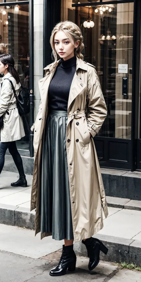 full body, long legs, 
beautiful person, french-braid hair, ash blonde hair, jade eye, 
(GIGANTIC HUGE BREAST:0.6), 
Long skirt, sweater, trench coat,