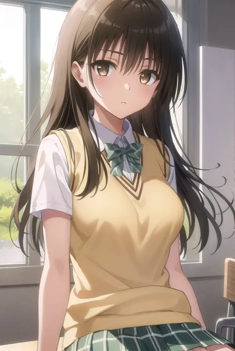 yuikotegawa, <lora:yui kotegawa darkness-lora-nochekaiser:1>,
yui kotegawa, black hair, (brown eyes:1.5), long hair,
BREAK green skirt, plaid, plaid skirt, sainan high school uniform, school uniform, skirt, sweater vest, (yellow sweater:1.3), short sleeves...