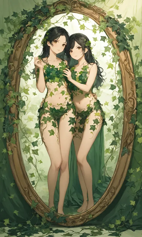 black hair,brown eyes,,(vine:1.3),<lora:MIAOKA_shutengyi_xl_v1.0:0.8>,full body,a woman with green leaves on her body and a mirror in her hand,