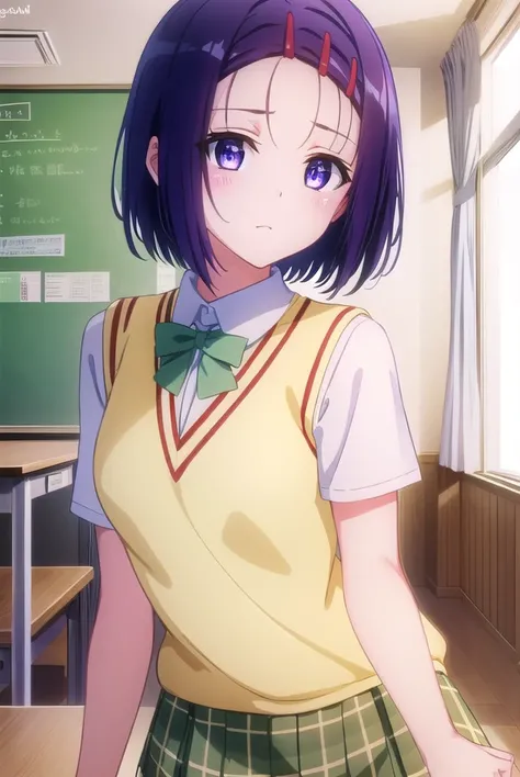 harunasairenji, <lora:haruna sairenji darkness-lora-nochekaiser:1>,
haruna sairenji, hair ornament, hairclip, (purple eyes:1.1), purple hair, short hair, swept bangs, (forehead:1.2),
BREAK green skirt, plaid, plaid skirt, sainan high school uniform, school...