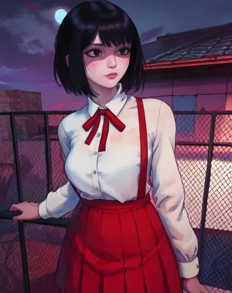 hanakosan,black eyes,white dress,red neck ribbon,black hair,short hair,
white shirt,red suspender skirt,red skirt,
rooftop,chain-link fence,night,
(insanely detailed, beautiful detailed face,beautiful detailed eyes, masterpiece, best quality),<lora:hanakoS...