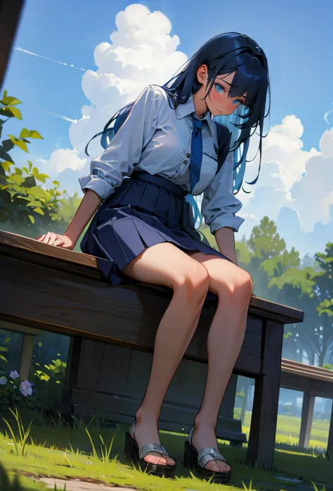 full body portrait, female focus, BREAK, 1girl, long hair, dark blue hair, blushing, BREAK, dark blue skirt, white shirt, BREAK, shamed, stressed, sitting, BREAK, green field, cloudy sky, wooden bench, (masterpiece, best quality, hires, high quality, by pr...