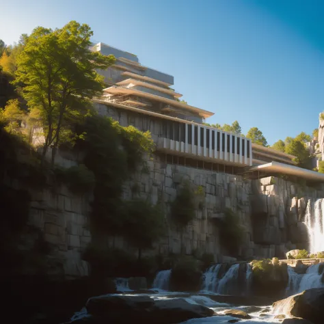 ((A photography showcase of Fallingwater, the iconic architecture by Frank Lloyd Wright located in Mill Run, Pennsylvania. Through the lens of Ansel Adams, using a 35mm lens,The color temperature exudes a cool blueish tint. No facial expressions as the pri...