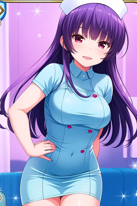 (masterpiece, best quality), highly detailed background, perfect lightingbest quality, kagurazakasaya, solo, nurse, hat, purple hair, bangs, very long hair, red eyes, breasts, blue dress, nurse cap, short dress, smile, open mouth, pink lips, <lora:Kaguraza...