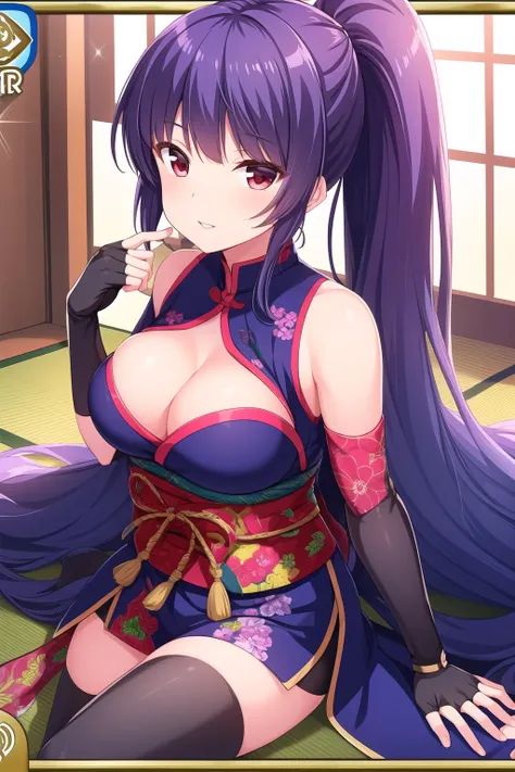 (masterpiece, best quality), highly detailed background, perfect lightingbest quality, kagurazakasaya, solo, ninja, purple hair, ponytail, hair ornament, bangs, very long hair, red eyes, breasts, bare shoulders, cleavage, floral print, fingerless gloves, g...