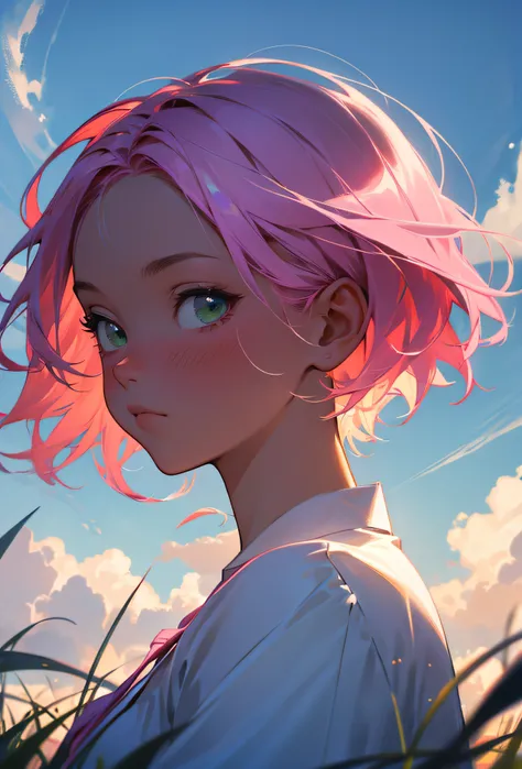 upperbody portrait, female focus, BREAK, 1girl, short hair, pink hair, blushing, BREAK, calm, peaceful, BREAK, green field, cloudy sky, (masterpiece, best quality, hires, high quality, by professional artist, ultra detailed, extremely detailed, absurdres, ...