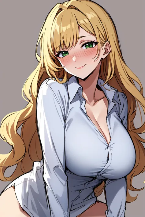 masterpiece, best quality, solo, mature female, sketch, 
long hair, wavy hair, blonde hair, green eyes, white shirt, large breasts, seductive smile, nose blush,
simple background,