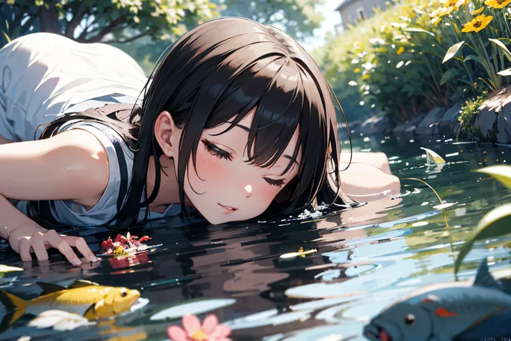 (super detailed), (beautiful background, detailed background),One girl, lying on the water, eyes closed, relaxed, fish around, weeds,(above shot:1.5)