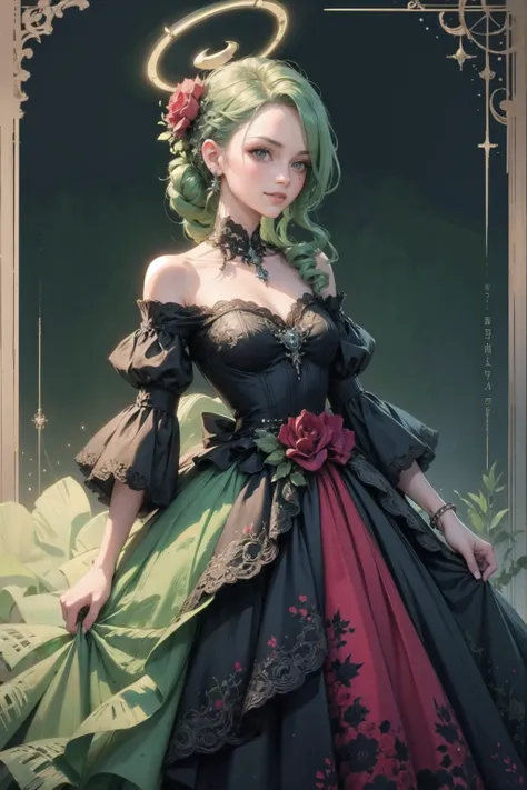 <lora:wrenchelegadome:1>, wrenchelegadome, 1girl, black dress, <lora:BAMina:0.7>, m1na, long hair, green hair, halo, red eyes, braid, hair over one eye, light smile, flower, rose, hair flower, jewelry,