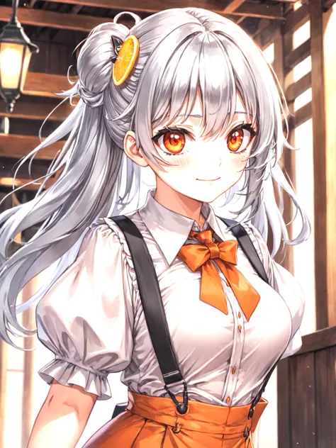 1 girl,solo,orange eyes,happy,silver hair, long hair, bangs,
hair_ornament, puffy_sleeves, shirt, short_sleeves, suspenders, <lora:sdxl2-flat2-512b:-0.5>