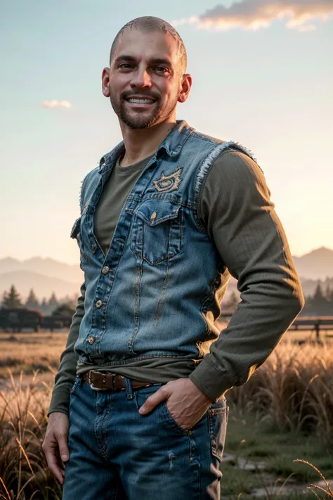 ((ultra detailed, masterpiece, best quality))
 <lora:DaysGoneBoozer:0.8>
DaysGoneBoozer, 1boy, solo, bald, Amidst a field of tall grass, rugged jeans and a flannel shirt, golden hour sunlight casting a warm glow, hands casually in pockets with a carefree s...