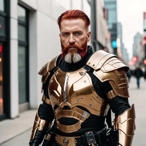 photograph, wide shot of a old man with beard , cyberpunk fantasy city, wearing heavy armor, slicked back red hair, Satin Fantasy Makeup, Cinematic, Kodak gold 200, F/1.8, Plain white background