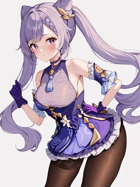 <lora:keqing3:1>,guanfu, 1girl, keqing (genshin impact), solo, gloves, twintails, purple hair, hair bun, pantyhose, looking at viewer, hair ornament, long hair, white background, cone hair bun, breasts, simple background, purple eyes, bare shoulders, detac...