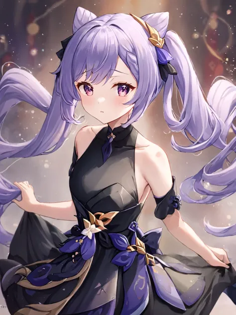 <lora:keqing3:1>,keqing (genshin impact),purple hair,twintails,hair ornament,bare shoulders,cone hair bun,hair bun,lifu,black dress,