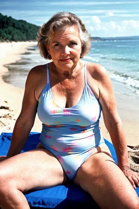 nice granny in swimsuit sitting on the beach, 16k hdr absurd res photorealistic raw photo