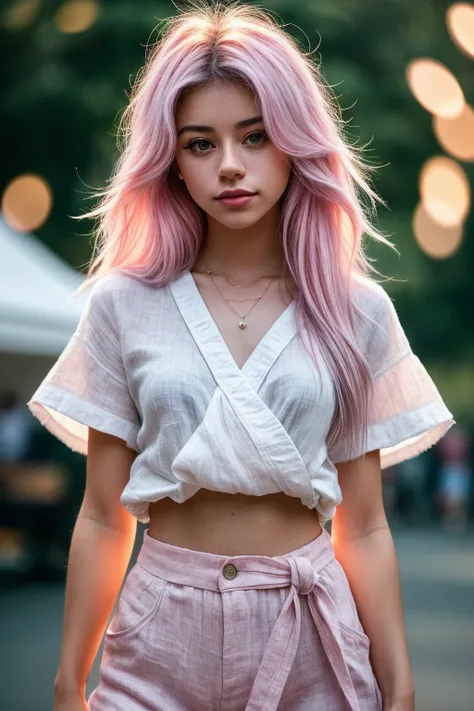 photo of beautiful (rbr0ckman:0.99), a woman with perfect hair, wearing Cotton Candy Pink (Wrap Blouse, Linen Pants:1.1),  (music festival:1.1), closeup, (happy) modelshoot style, (extremely detailed CG unity 8k wallpaper), professional majestic photograph...