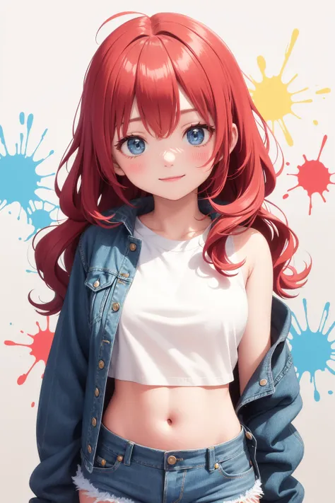 masterpiece, best quality, 1girl, long wavy hair, red hair, blue eyes, crop top, denim open jacket, light smile, looking at viewer, paint splatter background, denim shorts, upper body, closed mouth