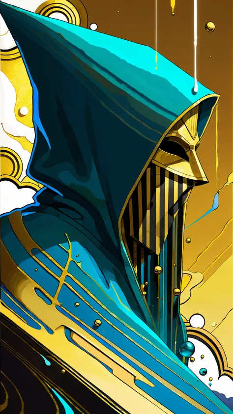 oniric portrait of a tall cloaked figure with a white mask, Azem the Traveler, yearning to explore the ends of the world to discover its wonders and help its denizens, by Andy Kehoe, a gradient masterpiece, blue cyan yellow, Rococopunk, luminism, seamless,...