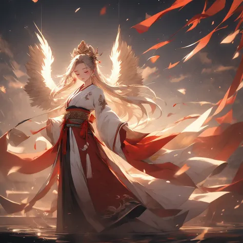 masterpiece, best quality,
illustration, long hair, closed eyes, long sleeves, white hair, wide sleeves, 1girl, jewelry, hair ornament, sash, solo, wings, japanese clothes, earrings, feathered wings, closed mouth, very long hair, standing, eyelashes, tasse...