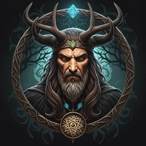 Epic artwork vector logo insane details odin hanging on yggdrasil, glowing runes, undefined