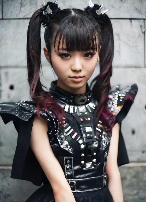 realistic, photorealistic, detailed, beautiful, RAW photo, film grain, (natural lighting :1.2), japanese, woman, raw photo, photo background, twintails, m0akiku, punk style, black outfit, 20 years old, detailed black eyes,  bokeh, baby metal, <lora:m0akiku...