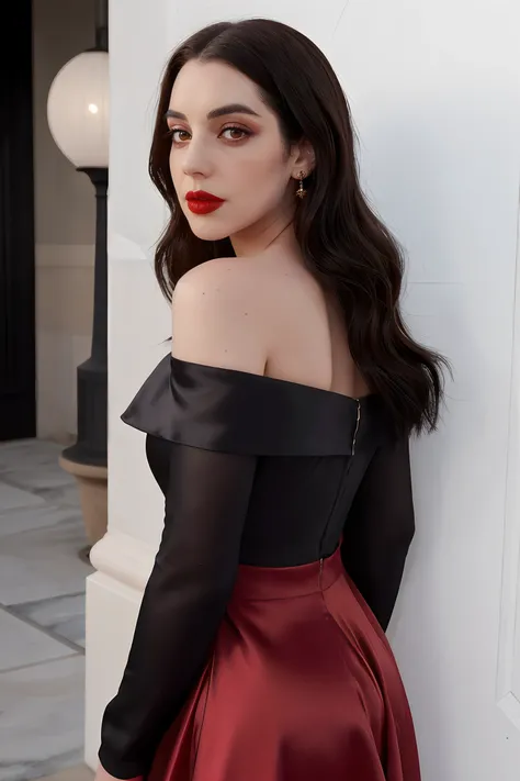 adelaide_kane_v2 wearing off shoulder satin dress, long hair, dark makeup, studs, red lipstick, red lips,
black off shoulder dress,
close up, upper body, simple gray background, soft lightning,
<lora:Adelaide_Kane_v3:0.8>, <lora:breastsizeslideroffset:-0...