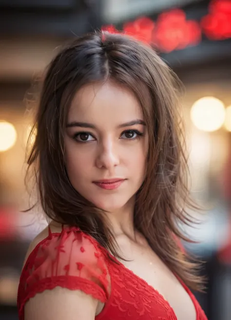 realistic, photorealistic, detailed, beautiful, RAW photo, film grain, (natural lighting :1.2), wearing a red dress, woman, raw photo, photo background, long hair, 4liz33 ,french, detailed black eyes, bokeh,  <lora:4liz33 :1>