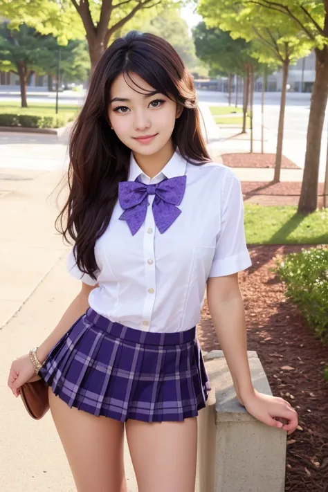 woman, beautiful face, cute, realistic, detailed, scenic view of school campus, full body shot
<lora:School Dress By Stable Yogi:0.8> school uniform, bow-tie, white shirt, purple pleated skirt