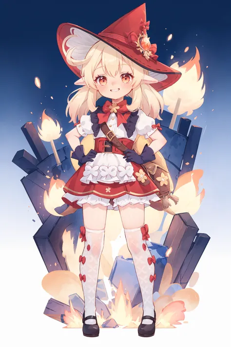 1girl, klee (blossoming starlight) (genshin impact), bloomers, black gloves, kneehighs, mary janes, witch hat, red skirt, white shirt, shawl, bag, waist apron, looking at viewer, smirk, full body, legs apart, hands on hips, explosion, fire, depth of field