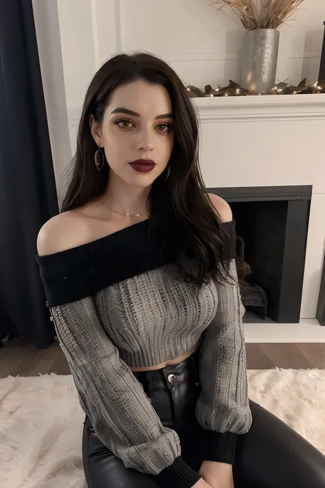 adelaide_kane_v2 wearing off shoulder wool sweater, long hair, dark makeup, studs, dark lipstick, dark lips,
gray off shoulder sweater,
close up, upper body, living room, sitting, soft lightning,
<lora:Adelaide_Kane_v3:0.8>, <lora:breastsizeslideroffset:...