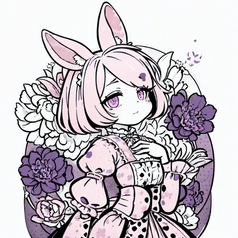 1girl, solo, lineart, (hand on own chest), victorian long gown with high collar and puffy sleeves, large firm breasts, rabbit ears, rabbit tail, short hair, (hair over one eye:1.3), (white hair), (abstract), (flowers), (flower), leaves, (reddish pink eyes)...