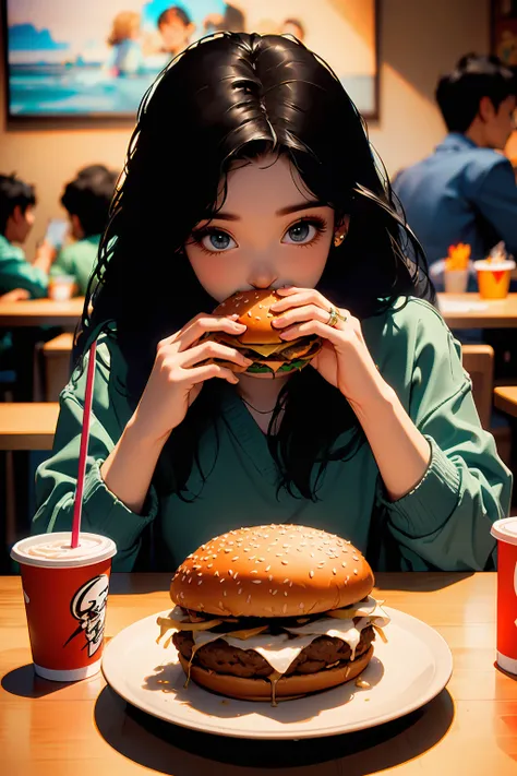 food,french fries,solo focus,restaurant,eating,cup,sitting,black hair,long hair,blurry,indoors,burger,depth of field,disposable cup,1girl,holding,multiple boys,chair,table,drinking straw,black eyes,multiple girls,faceless,blurry background,drink,pov across...