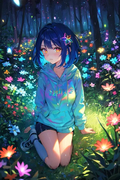 extreemely detailed, light particles floating, kneeling in the forest watching spirits, eerie aura, 
chromatic aberration, colorful forest lights during night time, oily skin, 
dynamic angle, colorful glowing flowers, night,
hair ornament, intrincate cloth...