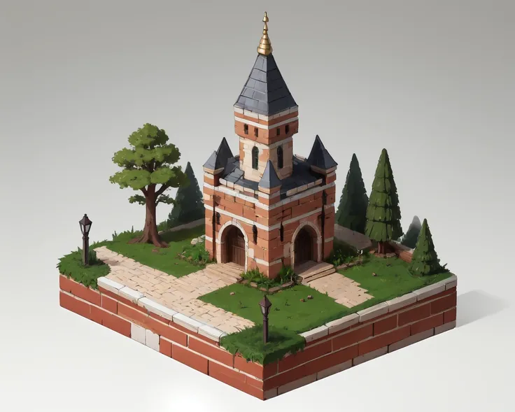 absurdres, best quality, fantasy, isometric, knolling style of (miniature brick round tower:1.2), tree, stone wall, (simple background:1.2)