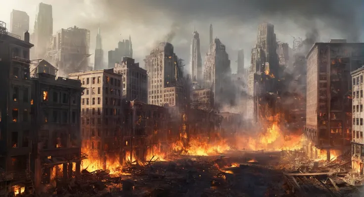 concept art of  <lora:Metropolis City:1>
metropolis city a destroyedcity with a lot of buildings on fire, digital artwork, illustrative, painterly, matte painting, highly detailed