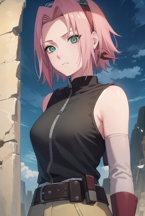 sakuraharuno, <lora:sakura haruno shippuuden-lora-nochekaiser:1>,
default sakura haruno, short hair, (green eyes:1.5), pink hair, (parted bangs:1.5),
BREAK gloves, green eyes, sleeveless, black gloves, red shirt, zipper, forehead protector, konohagakure sy...