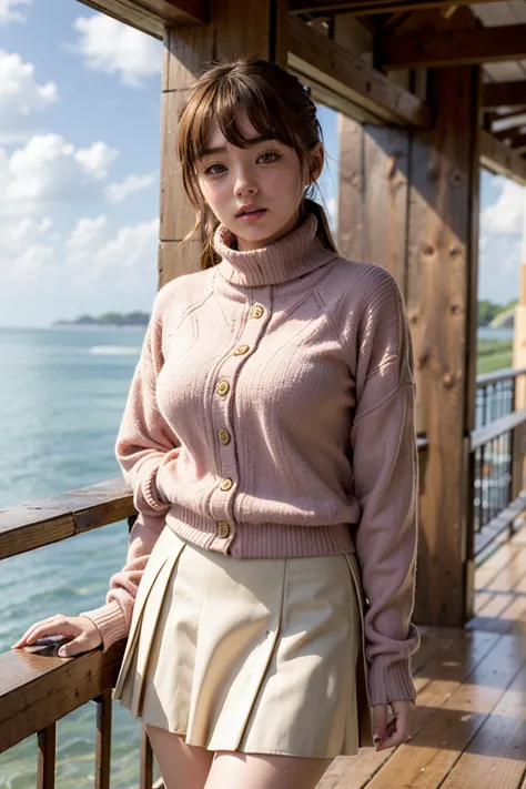 aishinozaki, a woman( wearing turtleneck cardigan and A-line skirt :1.2) , (at the beach, natural lighting:0.7)  <lora:aishinozaki2:0.9>